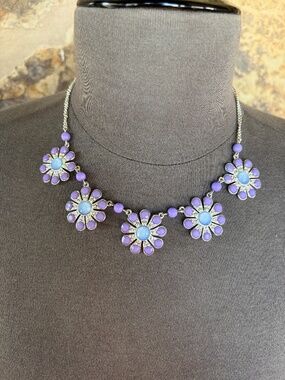 Vintage Necklace Silver tone Puple and Blue Daisy Flowers - BOHO, Mod Revival